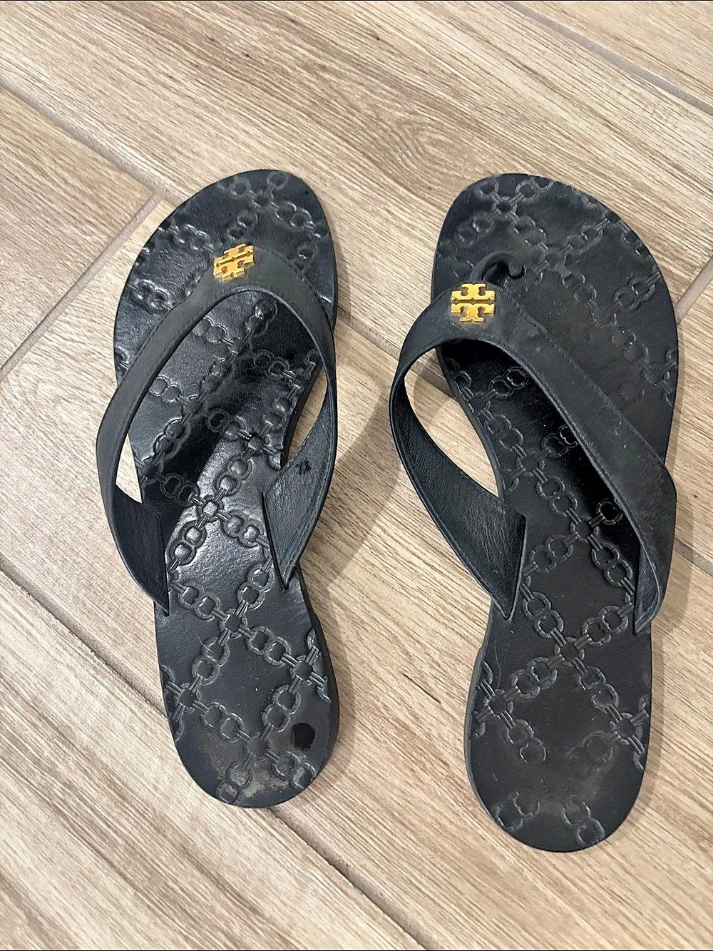 Tory Burch Gemini Link lesther Flip-Flop Black Flip Flop Sandals US 6